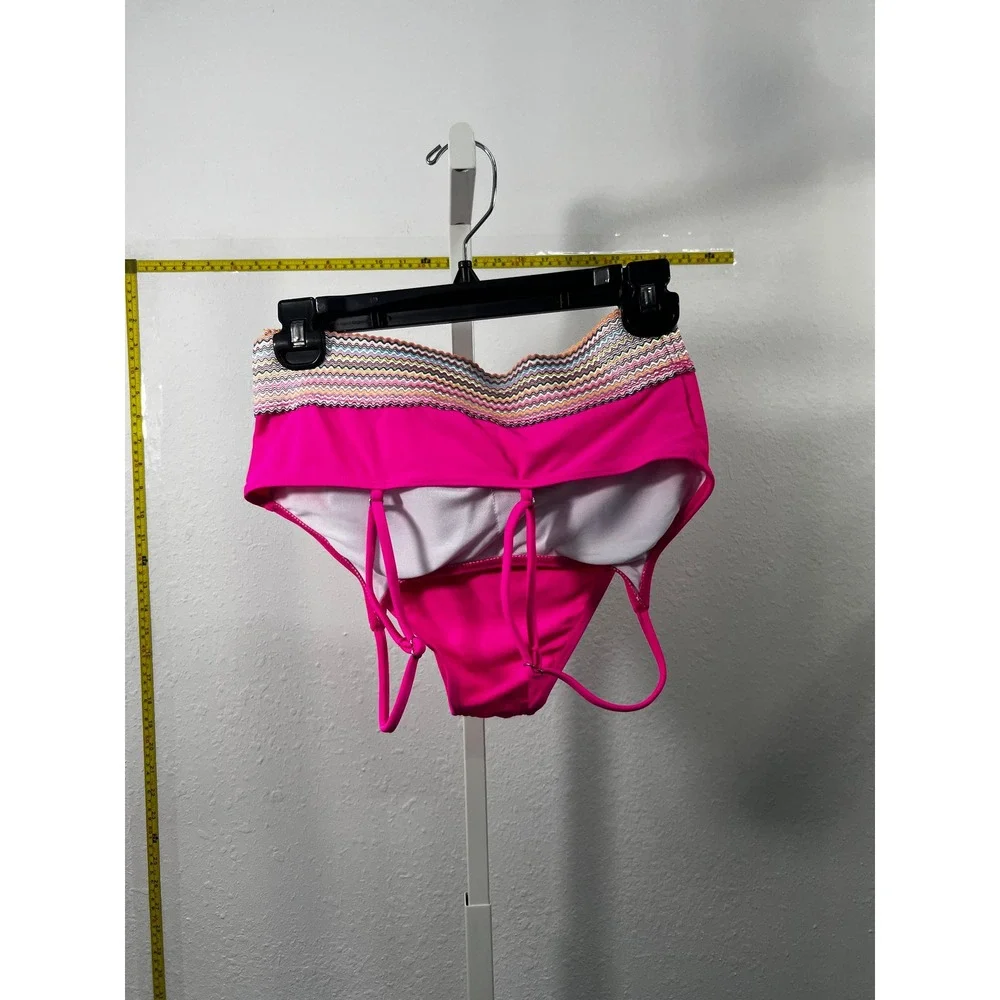 Hot Pink High Waisted Bikini Bottom Chevron Crochet Waist Strappy Cut Out Size M